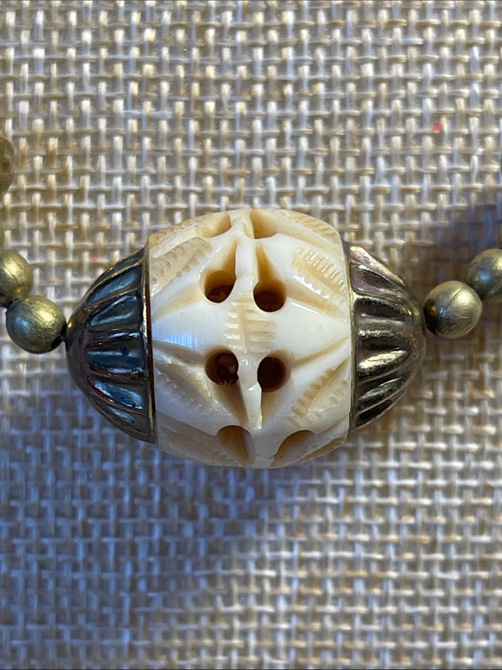 Vintage brass bead necklace w/ natural mother of pearl chips & carved pendant - Picture 2 of 5
